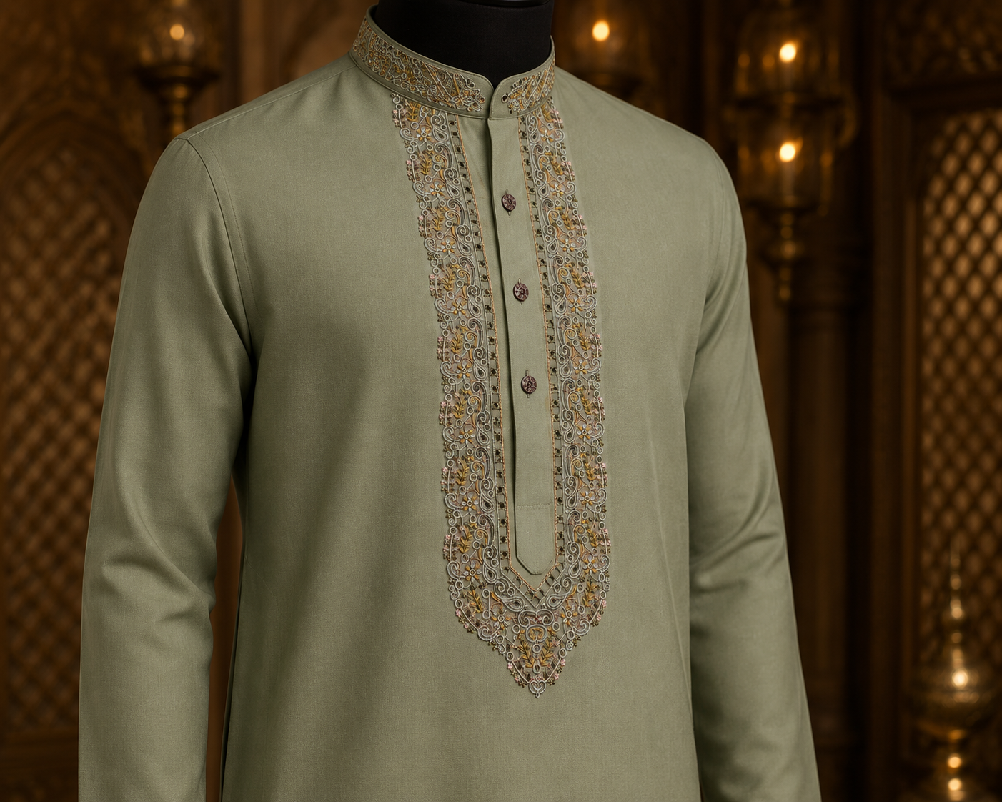 UNSTITCHED - Pure Cotton Sage Green Kashmiri Embroidered Unstitched Kurta Pajama & Pathani Suit Fabric (FKH-CTKU12)