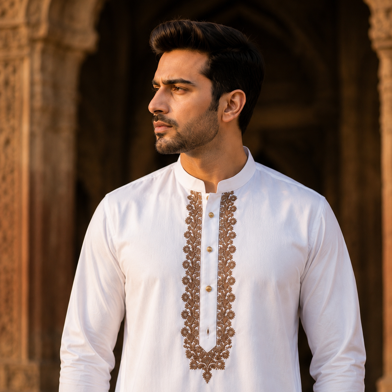 STITCHED - White Pure Cotton Kurta Shalwar with Sandstone Beige Kashmiri Embroidery (FKH-CTK04)