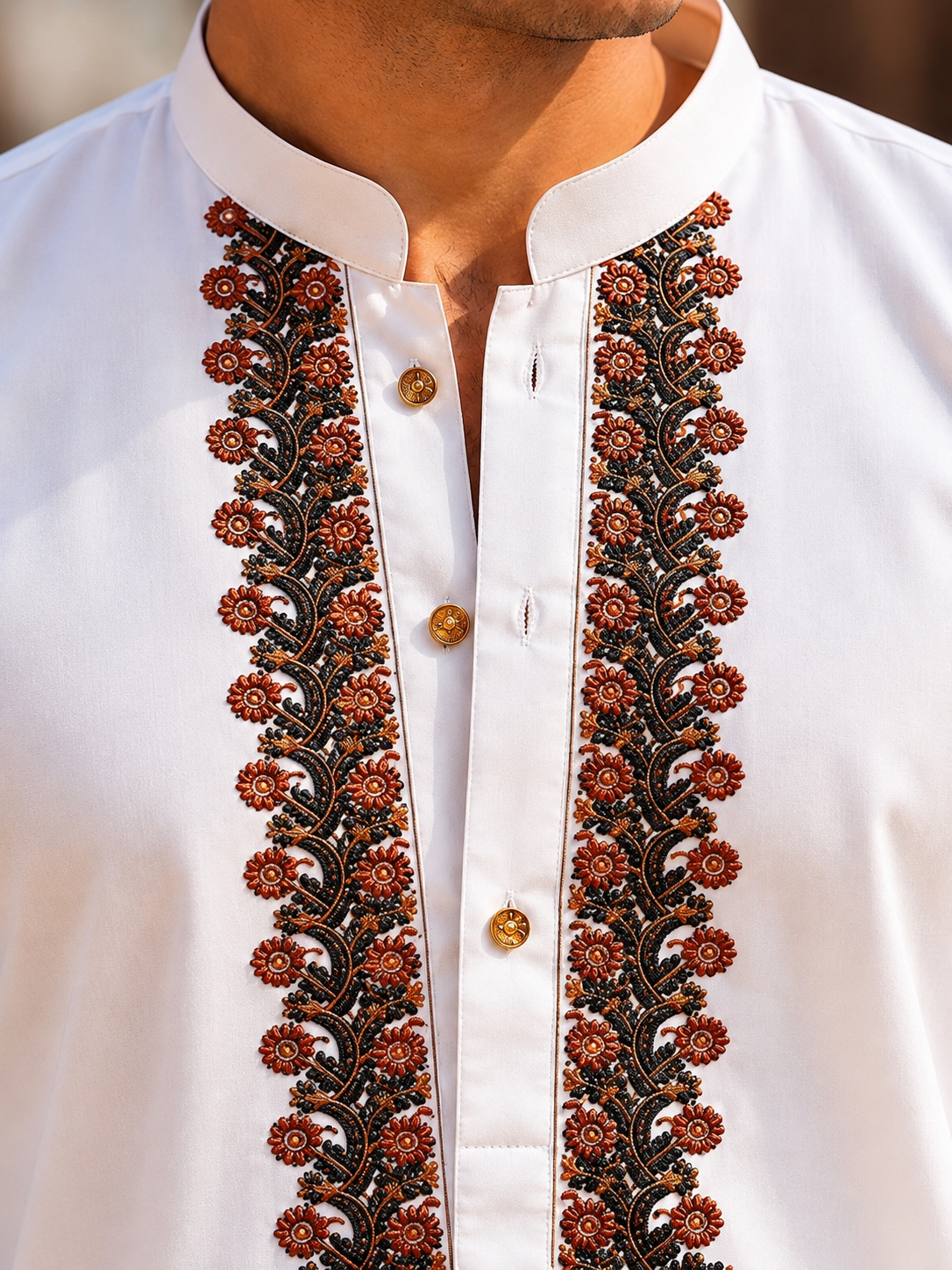 STITCHED - White Pure Cotton Kashmiri Embroidered Kurta Shalwar with Rust Orange & Black Embroidery (FKH-CTK09)