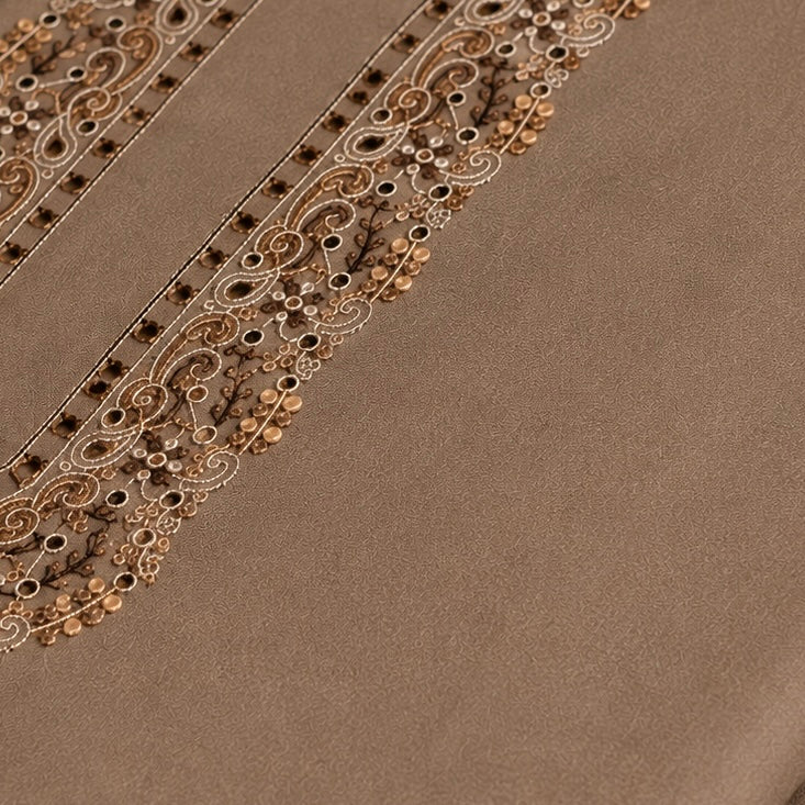 UNSTITCHED - Pure Cotton Light Brown Kashmiri Embroidered Unstitched Kurta Pajama & Pathani Suit Fabric (FKH-CTKU11)