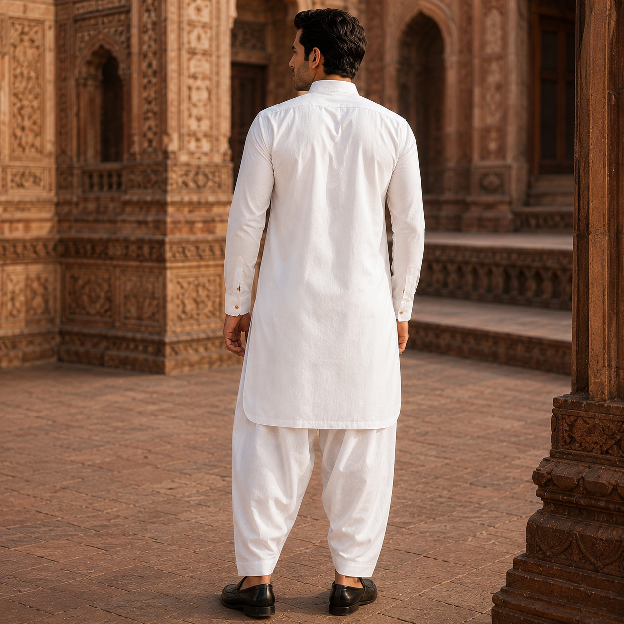 STITCHED - White Pure Cotton Kurta Shalwar with Taupe Beige Kashmiri Embroidery (FKH-CTK05)