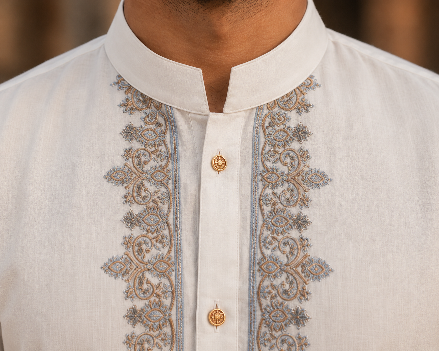 STITCHED - White Pure Cotton Kurta Shalwar with Ice Blue Kashmiri Embroidery (FKH-CTK03)
