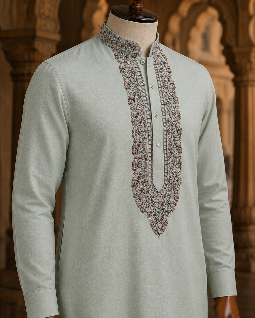 Pure Cotton Mint Green Kashmiri Embroidered Unstitched Kurta Pajama & Pathani Suit Fabric (FKH-CTKU16)