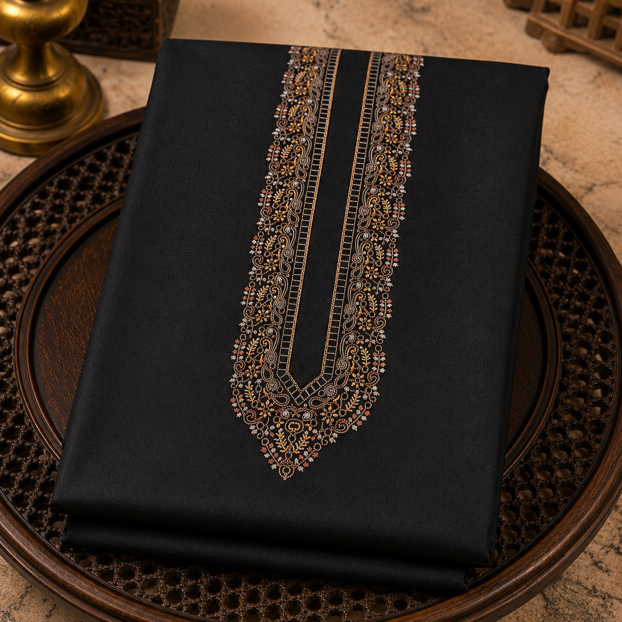 Pure Cotton Black  Kashmiri Embroidered Unstitched Kurta Pajama & Pathani Suit Fabric (FKH-CTKU18)