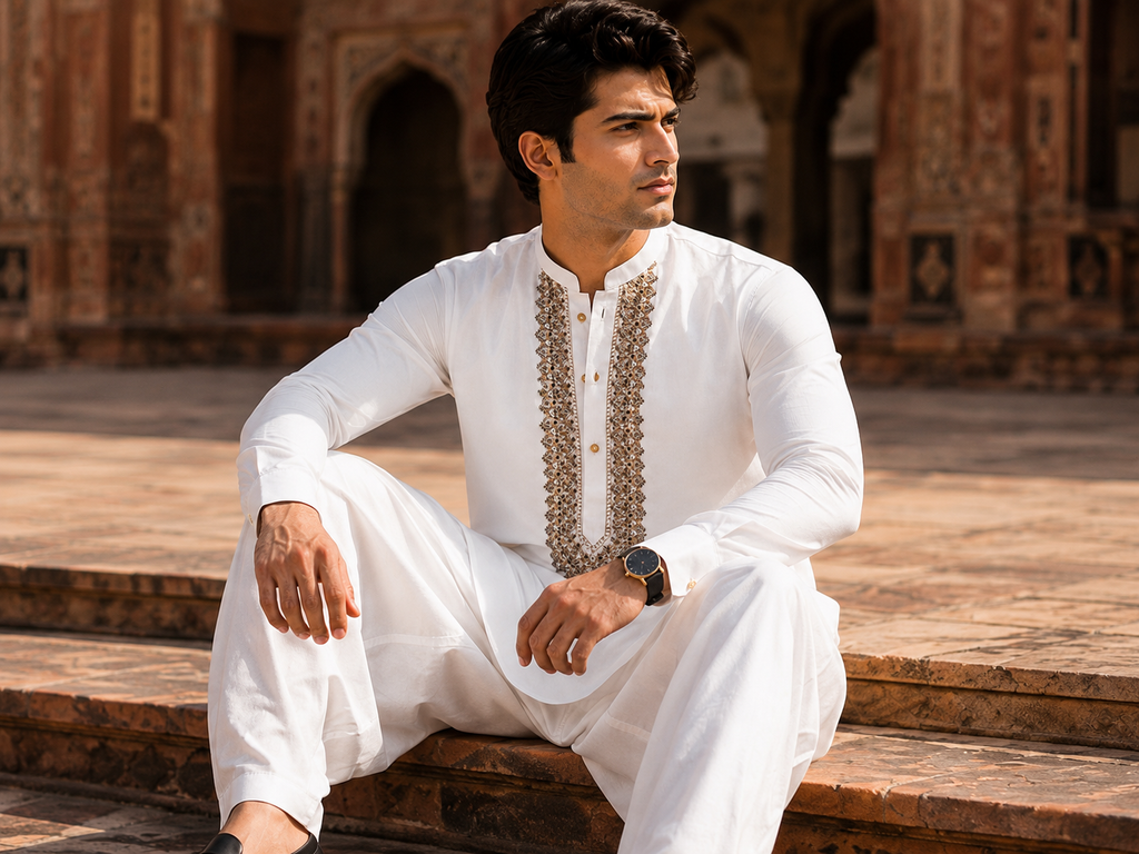 STITCHED - White Pure Cotton Kashmiri Embroidered Kurta Shalwar with Champagne Gold Embroidery (FKH-CTK08)