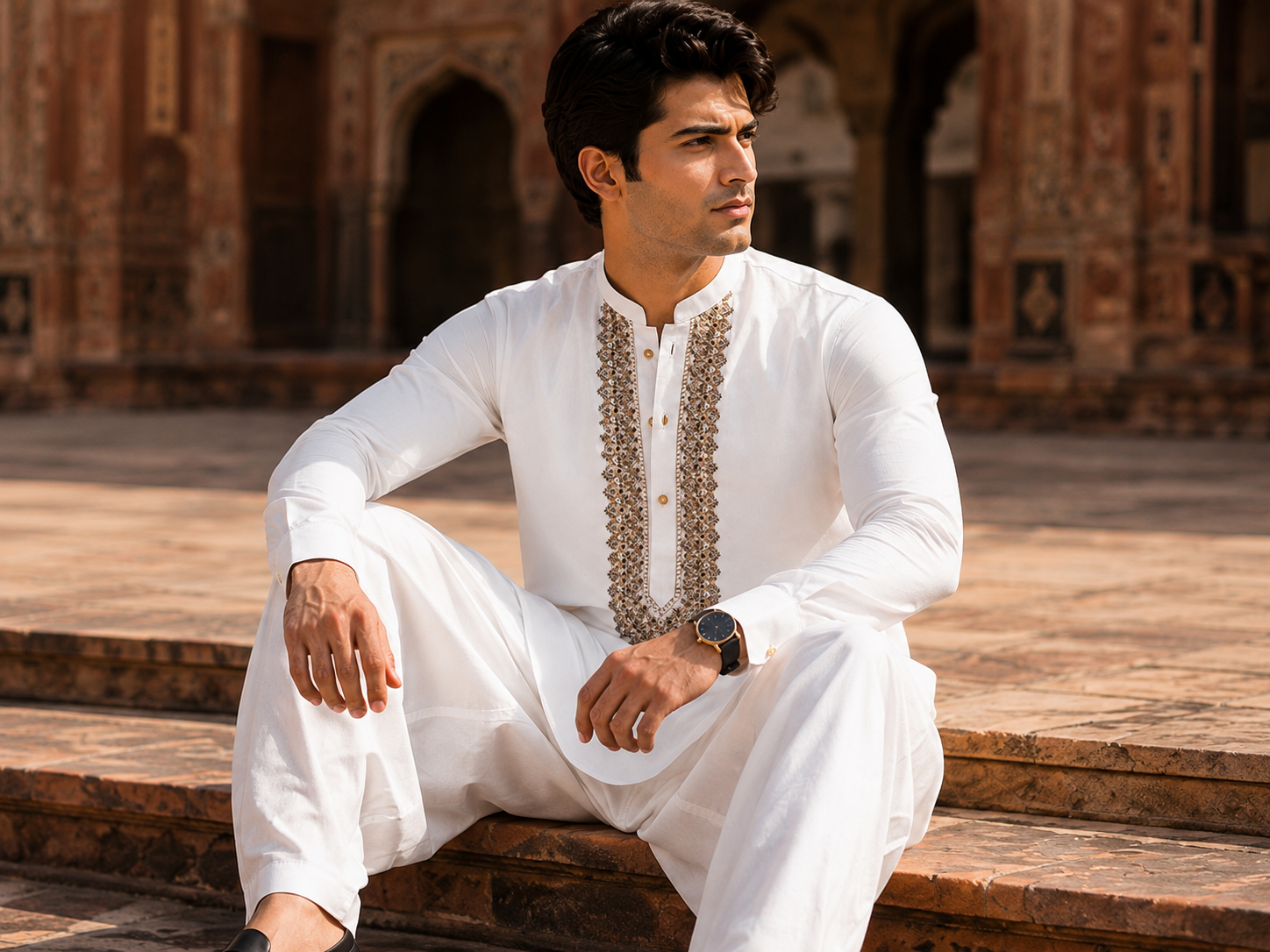 STITCHED - White Pure Cotton Kashmiri Embroidered Kurta Shalwar with Champagne Gold Embroidery (FKH-CTK08)