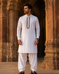 STITCHED - White Pure Cotton Kashmiri Embroidered Kurta Shalwar with Copper Brown Embroidery (FKH-CTK11)
