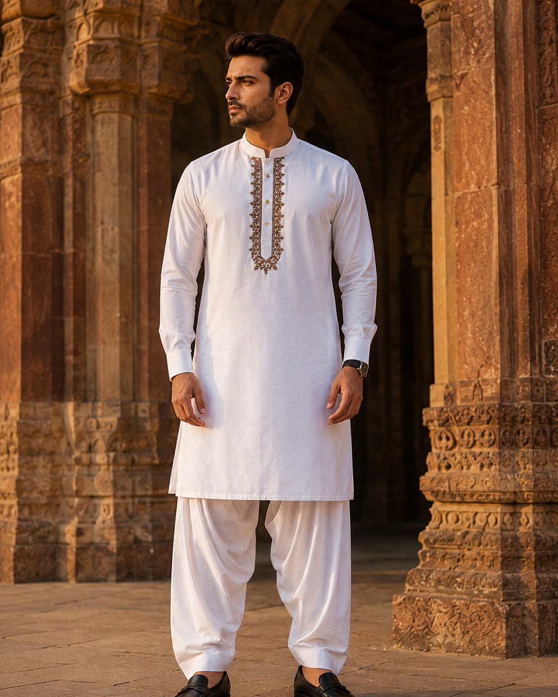 STITCHED - White Pure Cotton Kashmiri Embroidered Kurta Shalwar with Copper Brown Embroidery (FKH-CTK11)