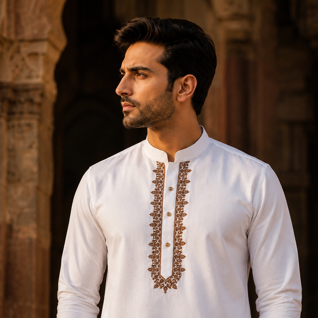 STITCHED - White Pure Cotton Kashmiri Embroidered Kurta Shalwar with Brown Embroidery (FKH-CTK12)