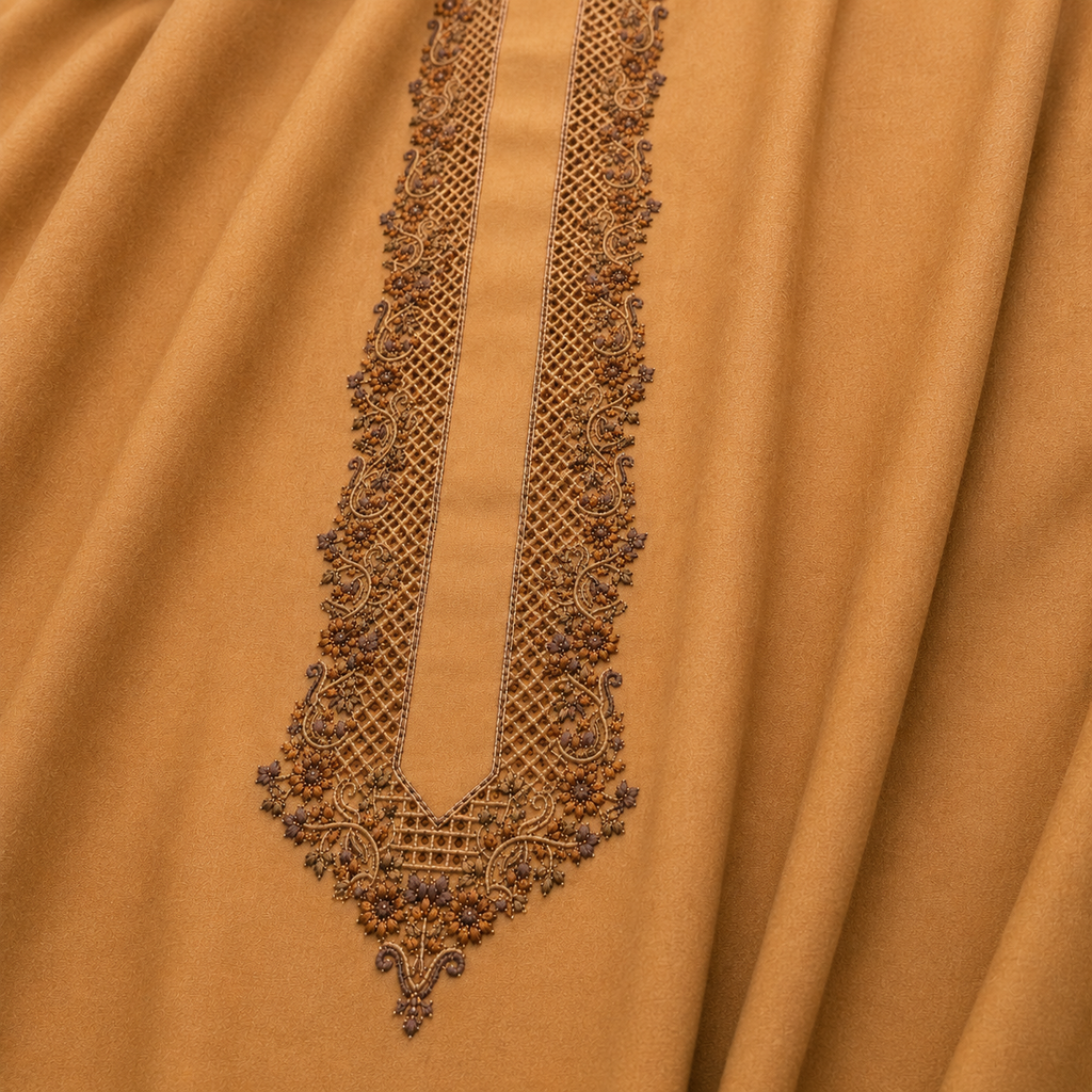 UNSTITCHED - Pure Cotton Burnt Orange Kashmiri Embroidered Unstitched Kurta Pajama & Pathani Suit Fabric (FKH-CTKU03)