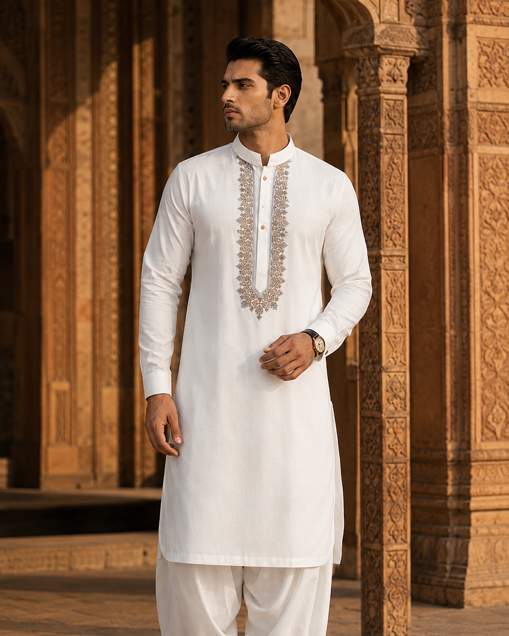 STITCHED - White Pure Cotton Kurta Shalwar with Ice Blue Kashmiri Embroidery (FKH-CTK03)