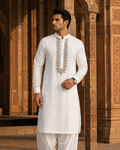 STITCHED - White Pure Cotton Kurta Shalwar with Ice Blue Kashmiri Embroidery (FKH-CTK03)