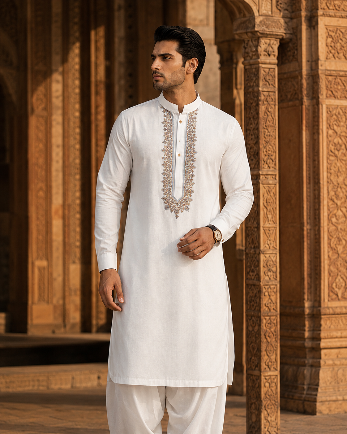 STITCHED - White Pure Cotton Kurta Shalwar with Ice Blue Kashmiri Embroidery (FKH-CTK03)