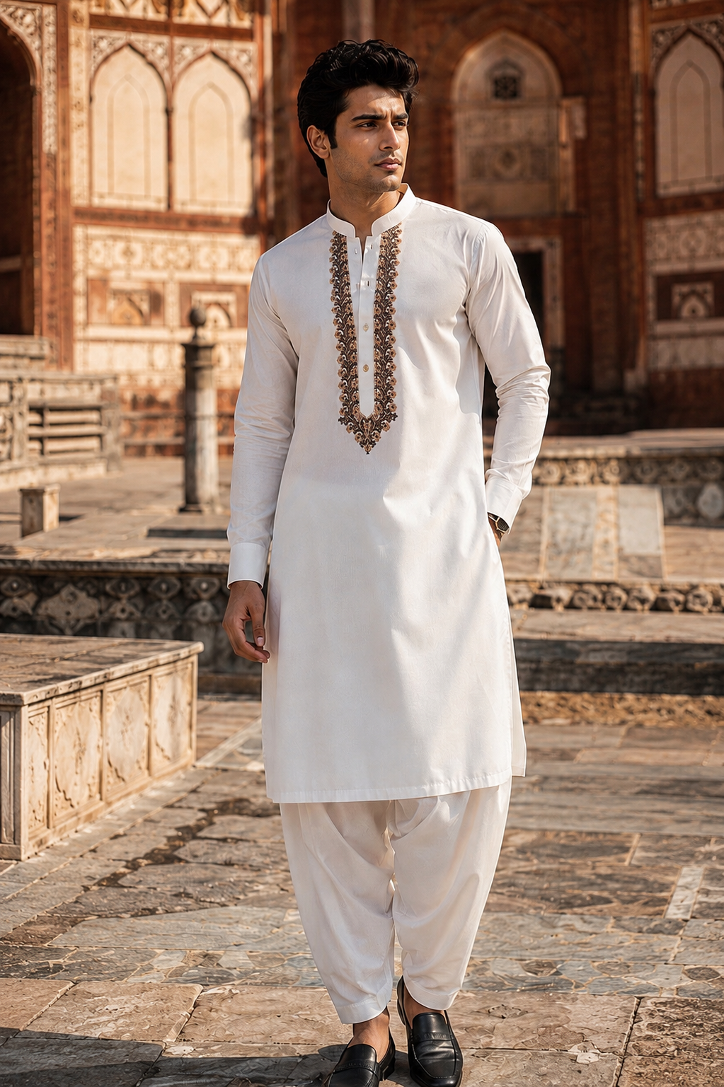 STITCHED - White Pure Cotton Kashmiri Embroidered Kurta Shalwar with Antique Gold & Brown Embroidery (FKH-CTK10)