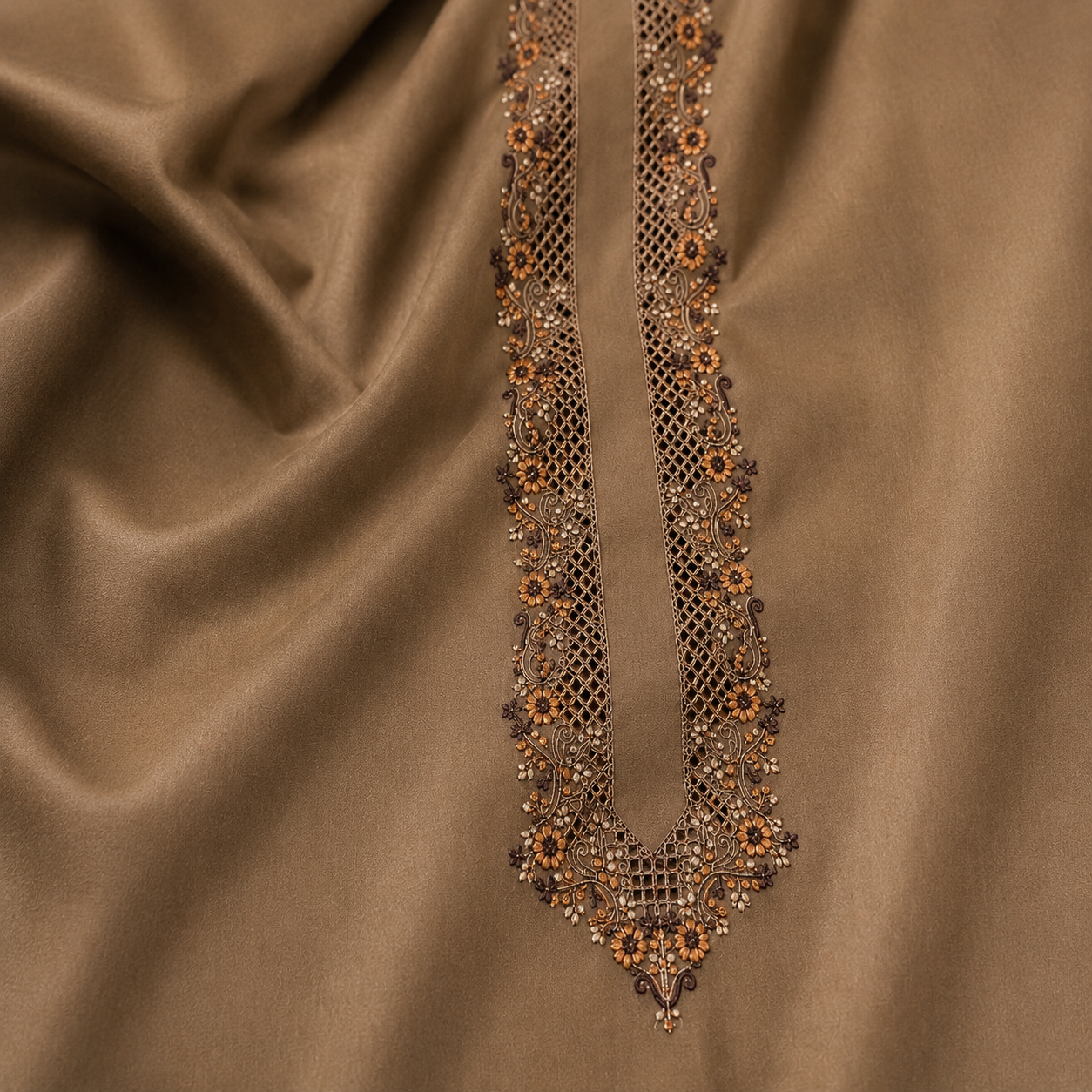 UNSTITCHED - Pure Cotton Coffee Brown Kashmiri Embroidered Unstitched Kurta Pajama & Pathani Suit Fabric (FKH-CTKU09)