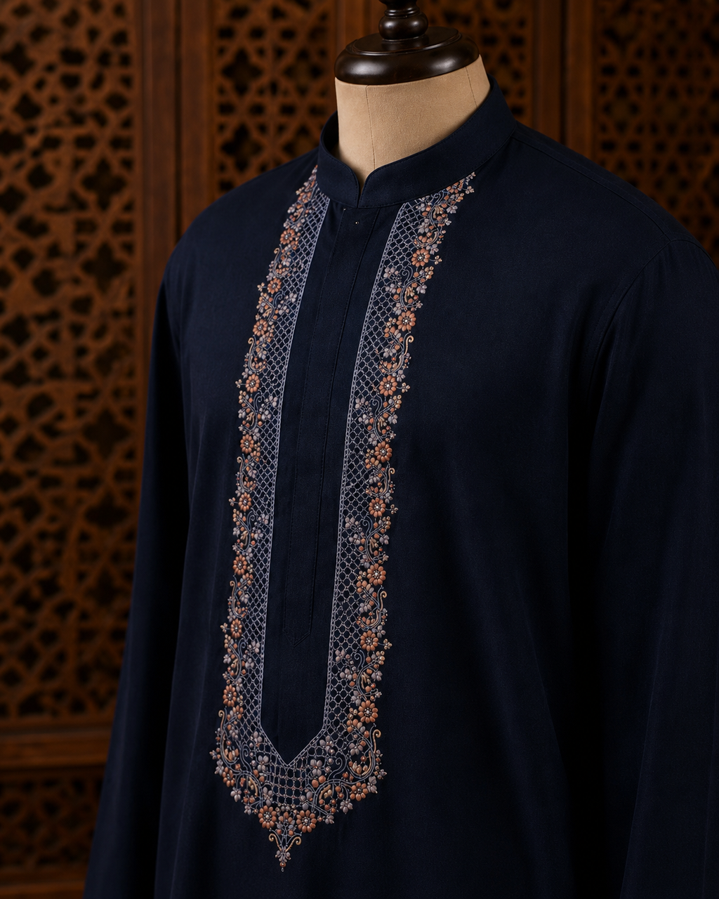 UNSTITCHED - Pure Cotton Midnight Navy Blue Kashmiri Embroidered Unstitched Kurta Pajama & Pathani Suit Fabric (FKH-CTKU07)