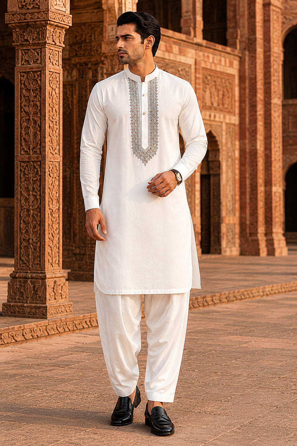 STITCHED - White Pure Cotton Kurta Shalwar with Sky Blue Kashmiri Embroidery (FKH-CTK02)
