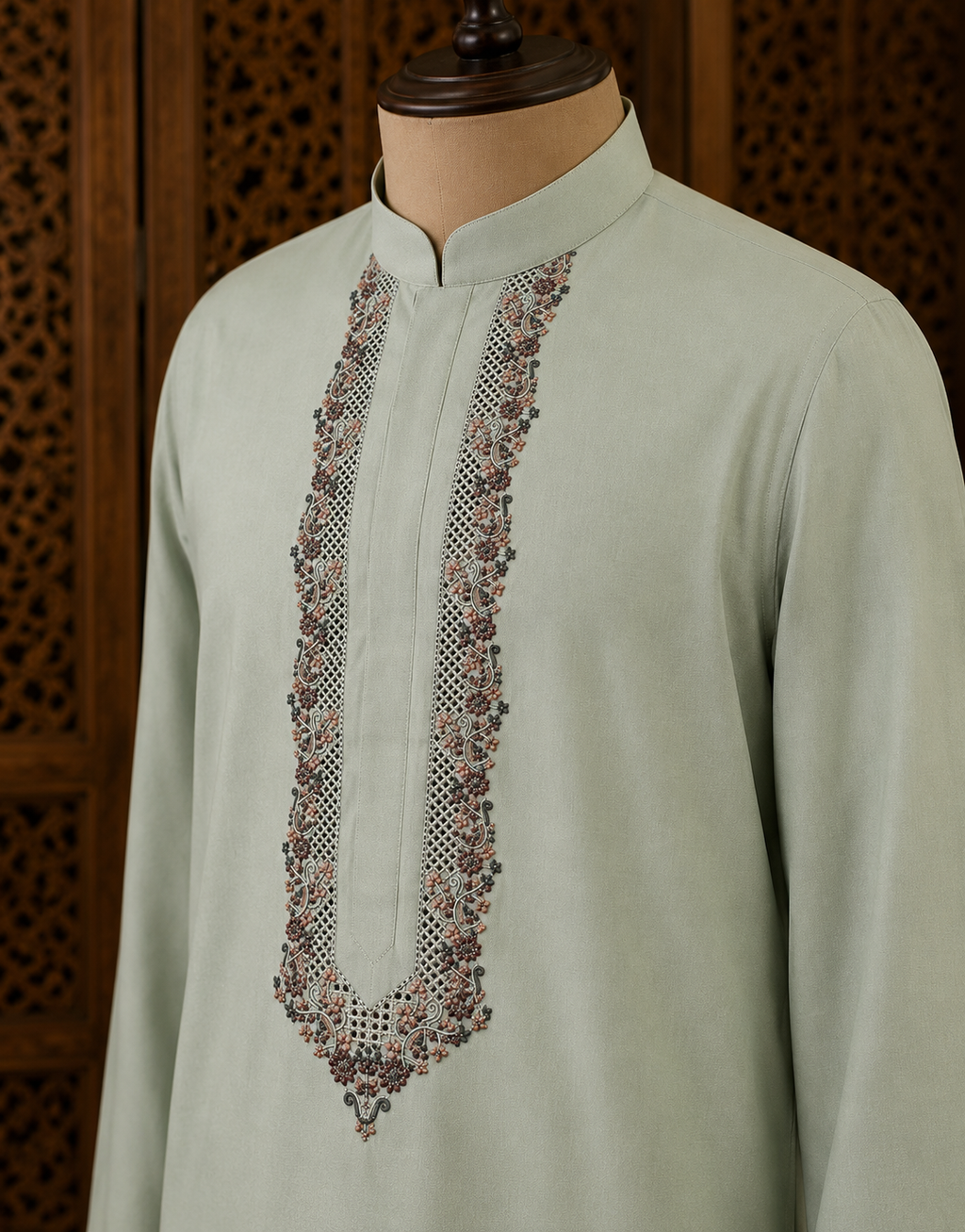 UNSTITCHED - Pure Pastel Mint Green Cream Kashmiri Embroidered Unstitched Kurta Pajama & Pathani Suit Fabric (FKH-CTKU05)