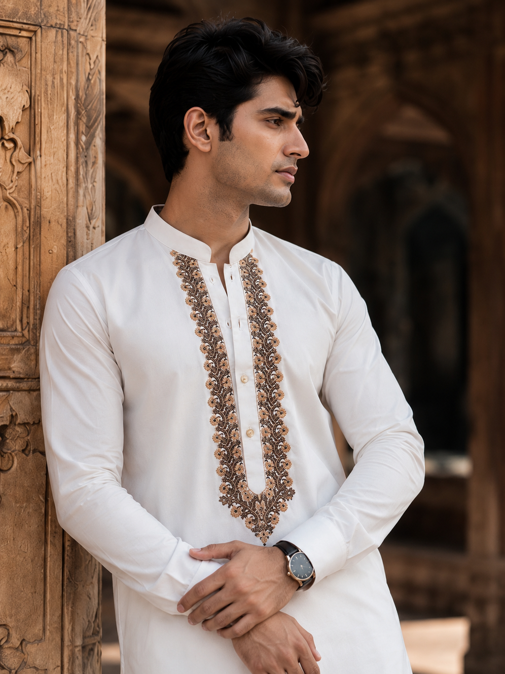 STITCHED - White Pure Cotton Kashmiri Embroidered Kurta Shalwar with Antique Gold & Brown Embroidery (FKH-CTK10)