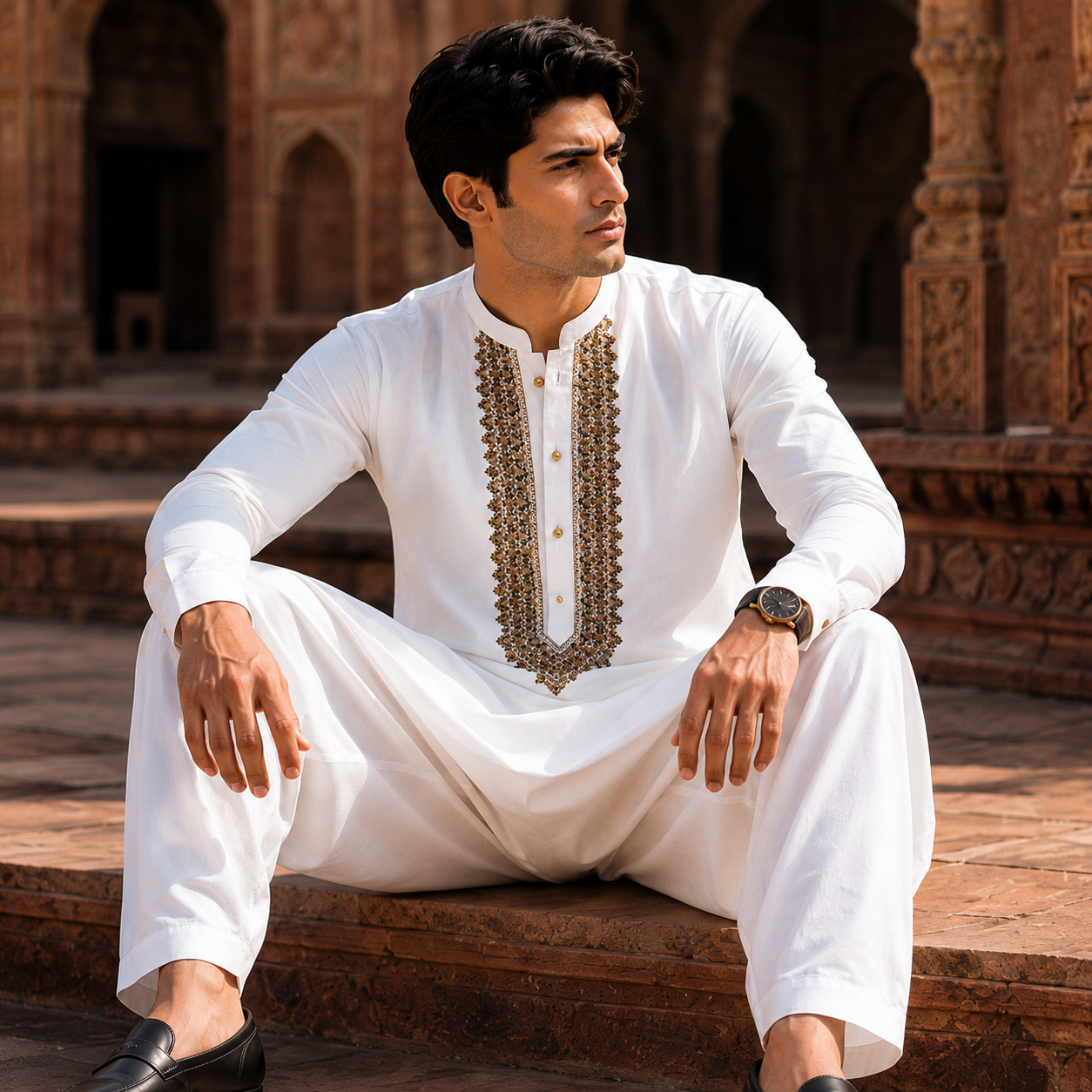 STITCHED - White Pure Cotton Kurta Shalwar with Antique Gold Kashmiri Embroidery (FKH-CTK07)