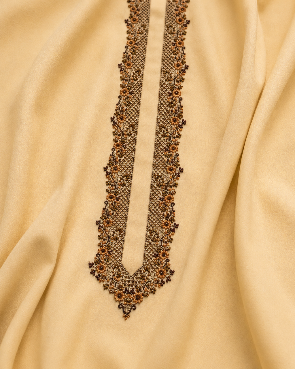 UNSTITCHED - Pure Cotton Warm Vanilla Cream Kashmiri Embroidered Unstitched Kurta Pajama & Pathani Suit Fabric (FKH-CTKU06)
