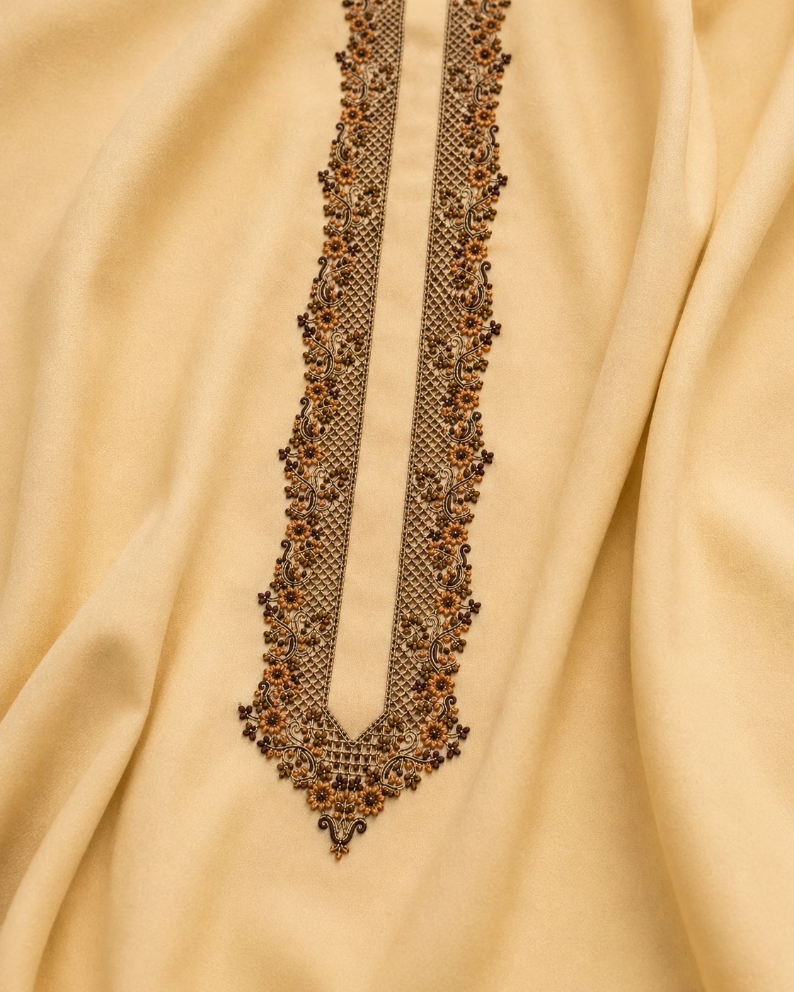 UNSTITCHED - Pure Cotton Warm Vanilla Cream Kashmiri Embroidered Unstitched Kurta Pajama & Pathani Suit Fabric (FKH-CTKU06)