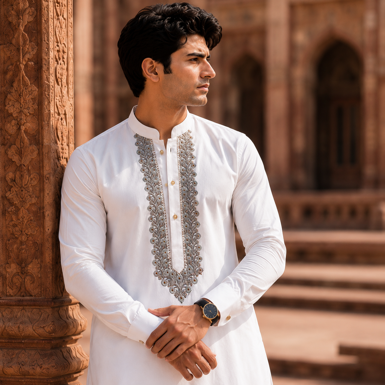 STITCHED - White Pure Cotton Kurta Shalwar with Silver Grey Kashmiri Embroidery (FKH-CTK06)