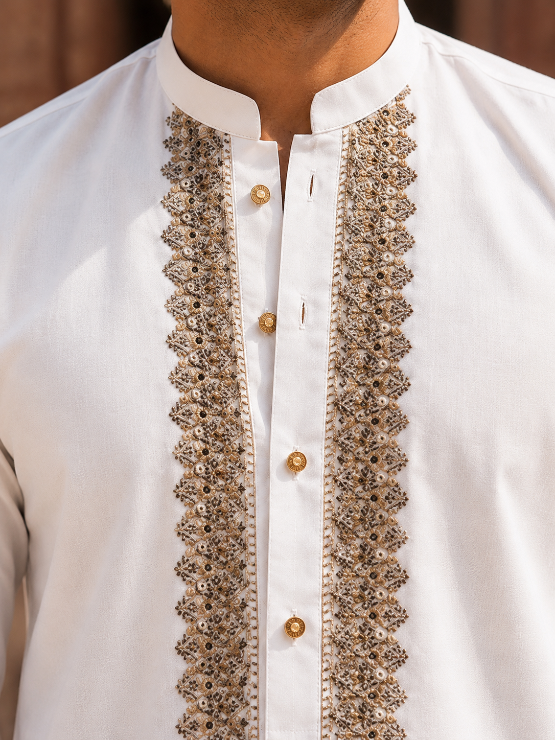 STITCHED - White Pure Cotton Kashmiri Embroidered Kurta Shalwar with Champagne Gold Embroidery (FKH-CTK08)