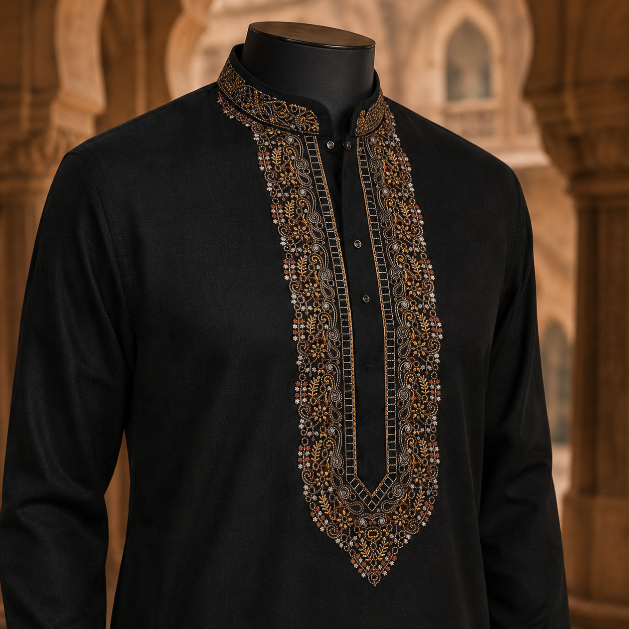 Pure Cotton Black  Kashmiri Embroidered Unstitched Kurta Pajama & Pathani Suit Fabric (FKH-CTKU18)