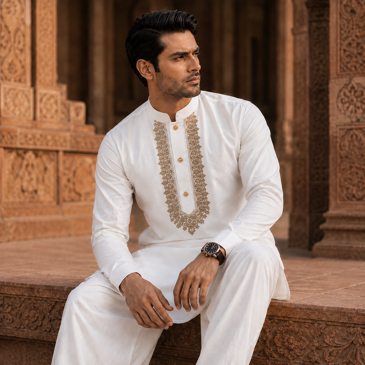 STITCHED - White Pure Cotton Kurta Shalwar with Champagne Gold Kashmiri Embroidery (FKH-CTK01)