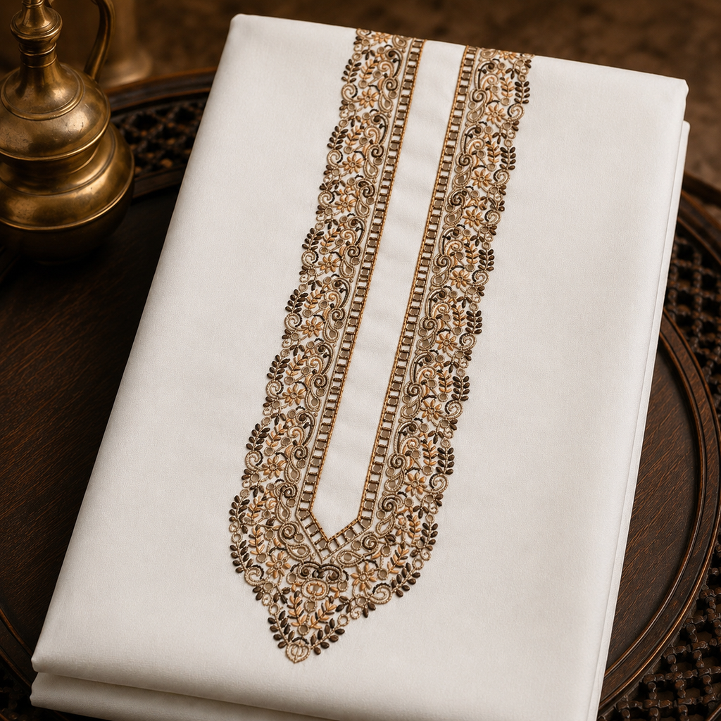 Pure Cotton White Kashmiri Embroidered Unstitched Kurta Pajama & Pathani Suit Fabric (FKH-CTKU17)