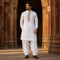 STITCHED - White Pure Cotton Kashmiri Embroidered Kurta Shalwar with Brown Embroidery (FKH-CTK12)
