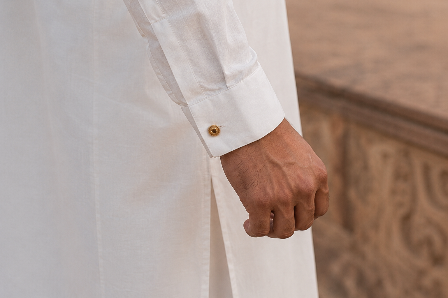 STITCHED - White Pure Cotton Kurta Shalwar with Champagne Gold Kashmiri Embroidery (FKH-CTK01)