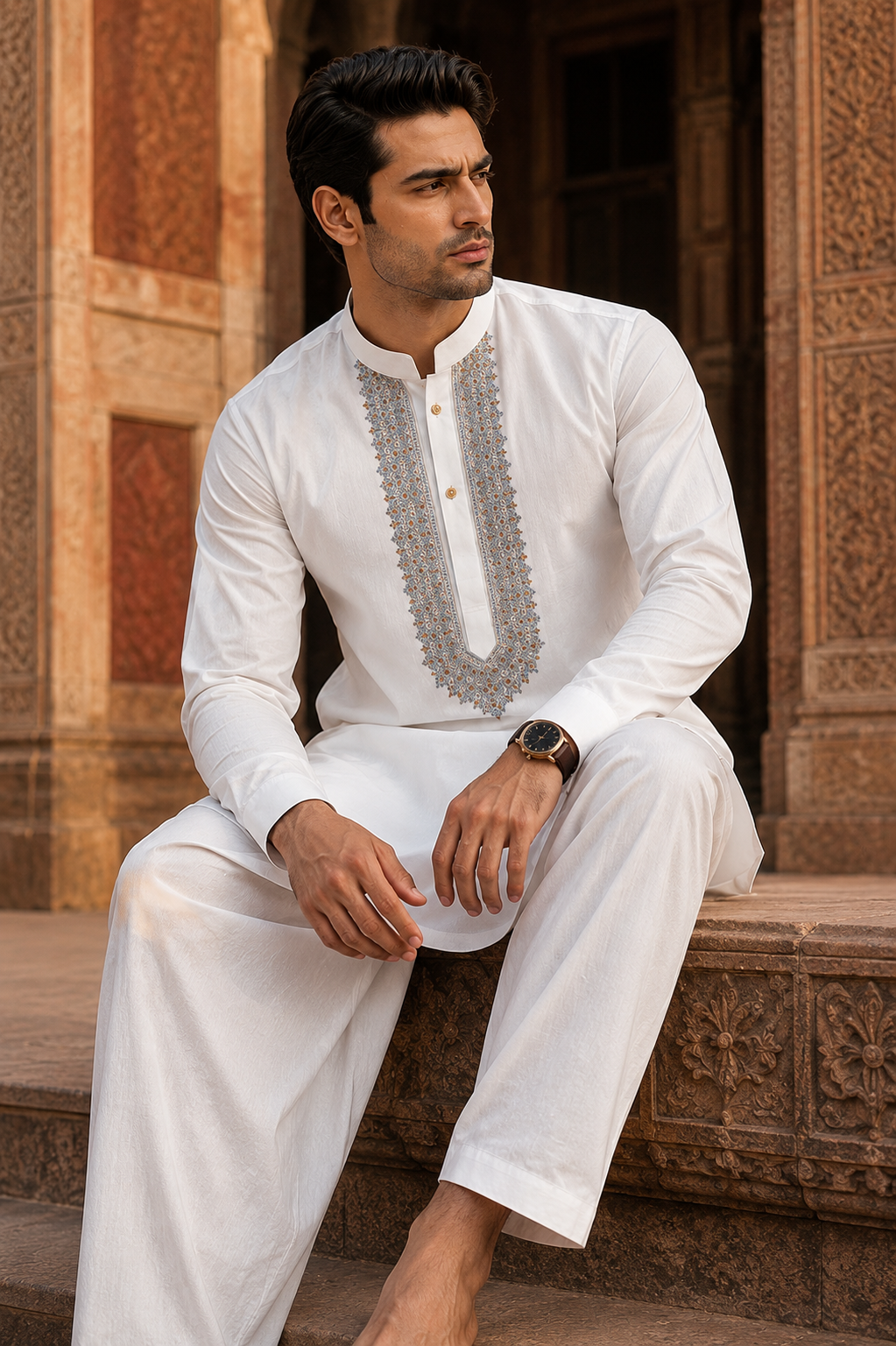 STITCHED - White Pure Cotton Kurta Shalwar with Sky Blue Kashmiri Embroidery (FKH-CTK02)