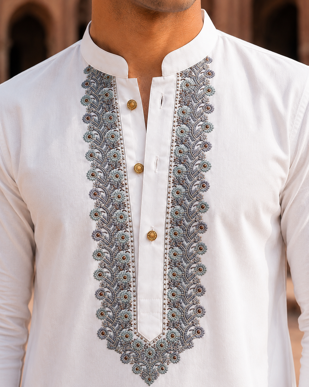STITCHED - White Pure Cotton Kurta Shalwar with Silver Grey Kashmiri Embroidery (FKH-CTK06)