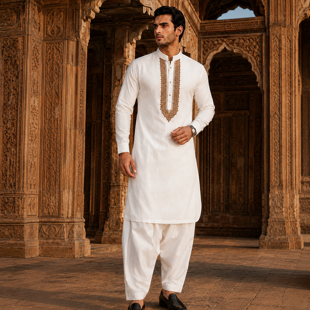 STITCHED - White Pure Cotton Kurta Shalwar with Taupe Beige Kashmiri Embroidery (FKH-CTK05)