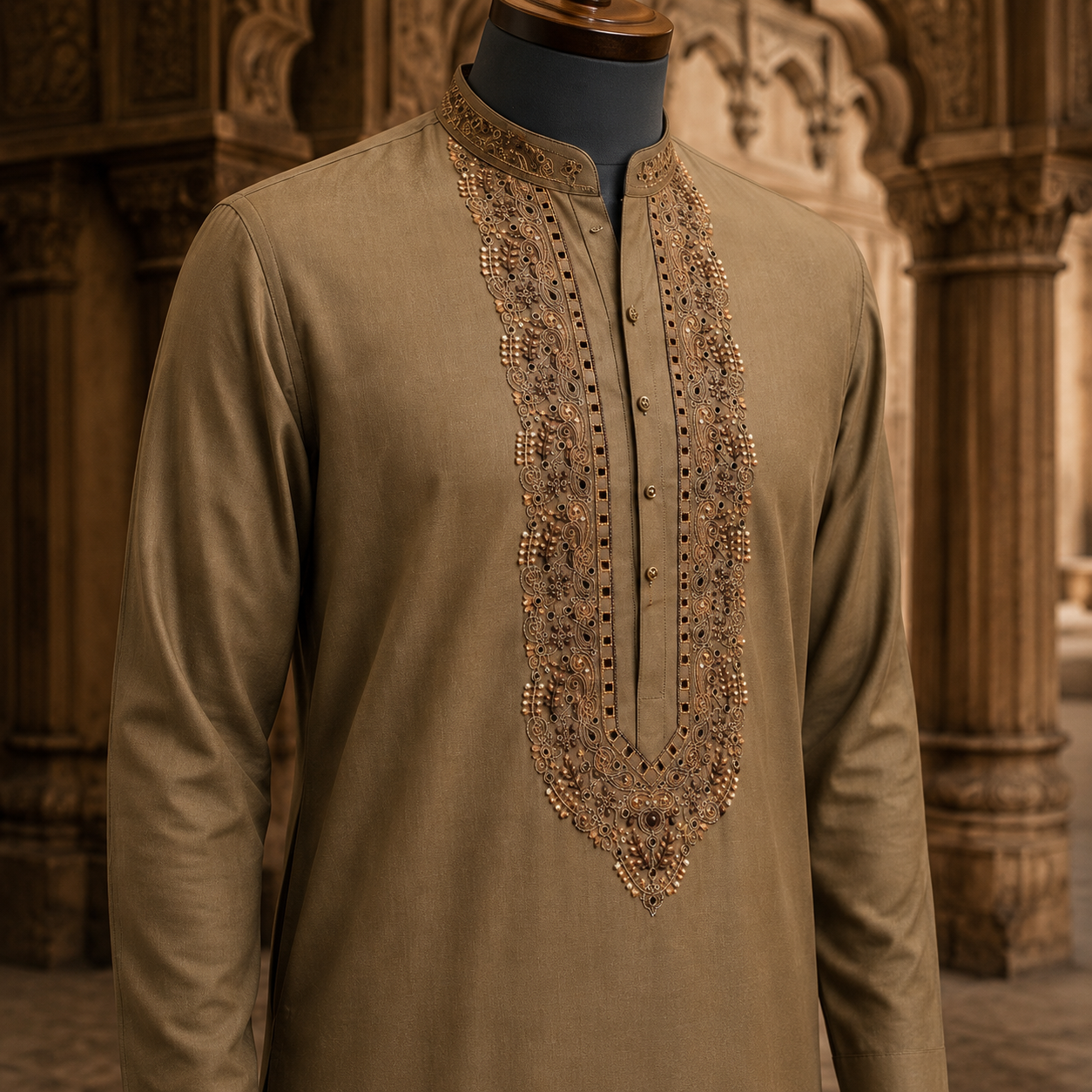 Pure Cotton Brown Kashmiri Embroidered Unstitched Kurta Pajama & Pathani Suit Fabric (FKH-CTKU15)