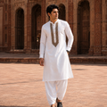 STITCHED - White Pure Cotton Kashmiri Embroidered Kurta Shalwar with Champagne Gold Embroidery (FKH-CTK08)