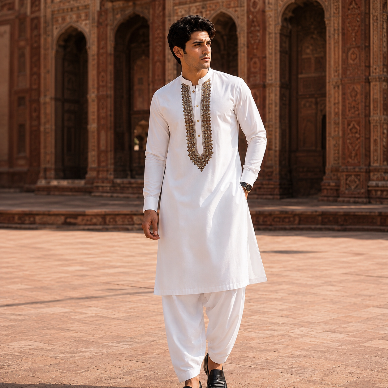 STITCHED - White Pure Cotton Kashmiri Embroidered Kurta Shalwar with Champagne Gold Embroidery (FKH-CTK08)