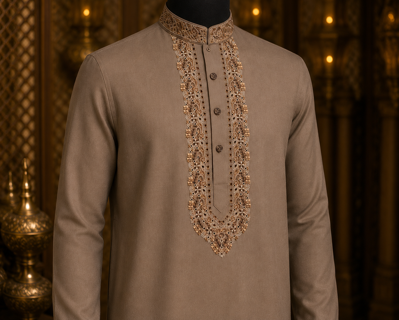 UNSTITCHED - Pure Cotton Light Brown Kashmiri Embroidered Unstitched Kurta Pajama & Pathani Suit Fabric (FKH-CTKU11)