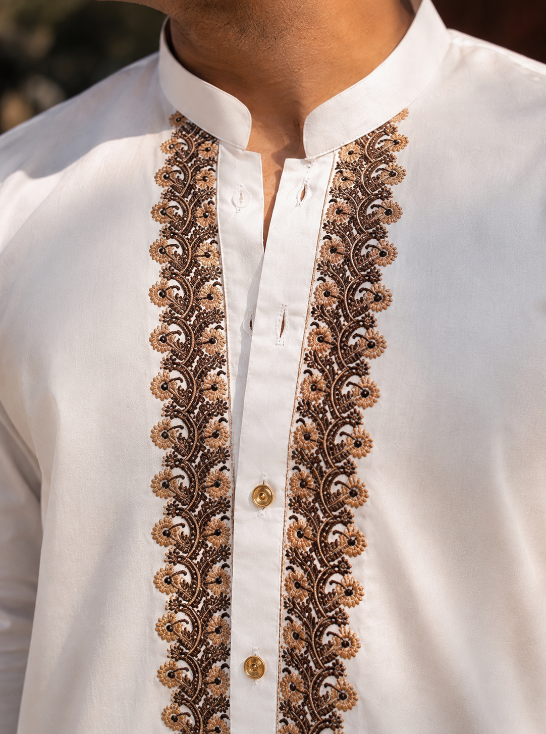 STITCHED - White Pure Cotton Kashmiri Embroidered Kurta Shalwar with Antique Gold & Brown Embroidery (FKH-CTK10)