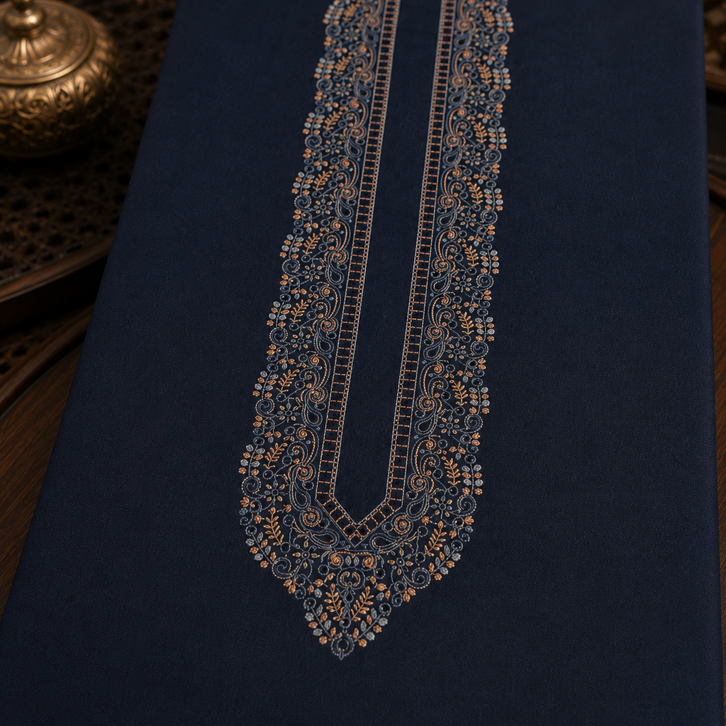 UNSTITCHED - Pure Cotton Navy Blue Kashmiri Embroidered Unstitched Kurta Pajama & Pathani Suit Fabric (FKH-CTKU13)
