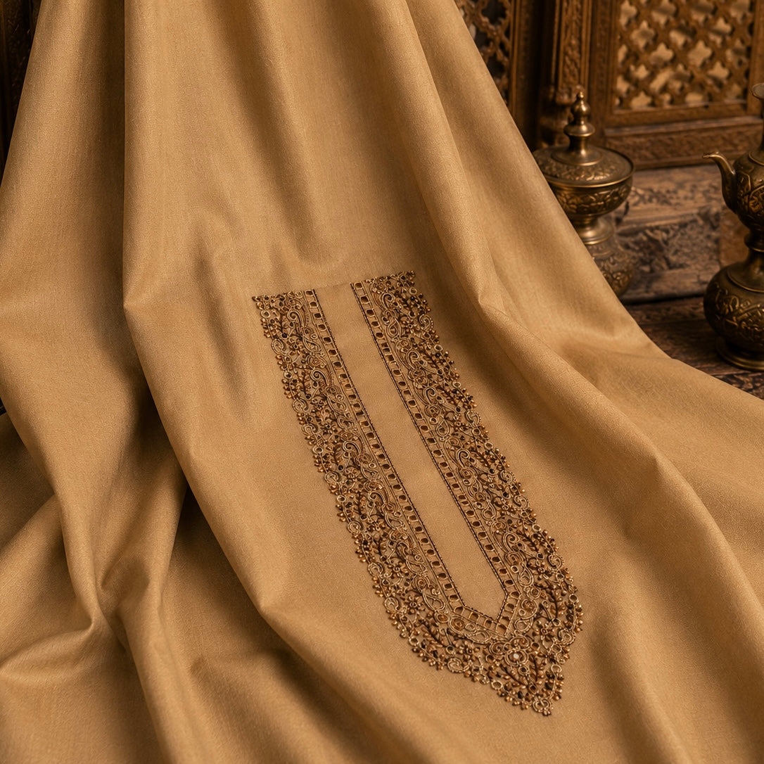 UNSTITCHED - Pure Cotton Light Saffron Kashmiri Embroidered Unstitched Kurta Pajama & Pathani Suit Fabric (FKH-CTKU14)
