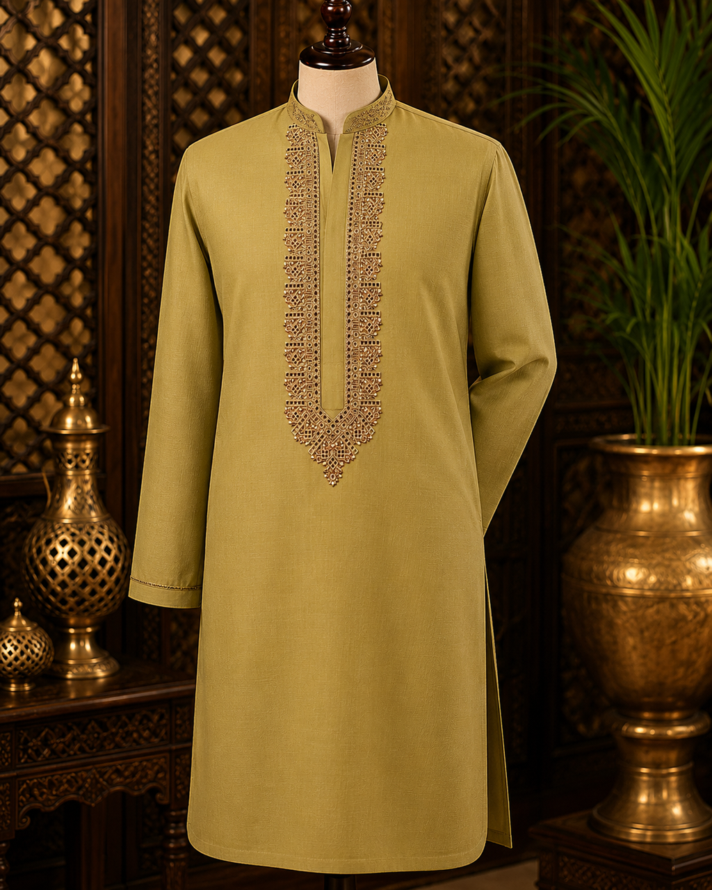 UNSTITCHED - Pure Cotton Pastel Olive  Kashmiri Embroidered Unstitched Kurta Pajama & Pathani Suit Fabric (FKH-CTKU10)