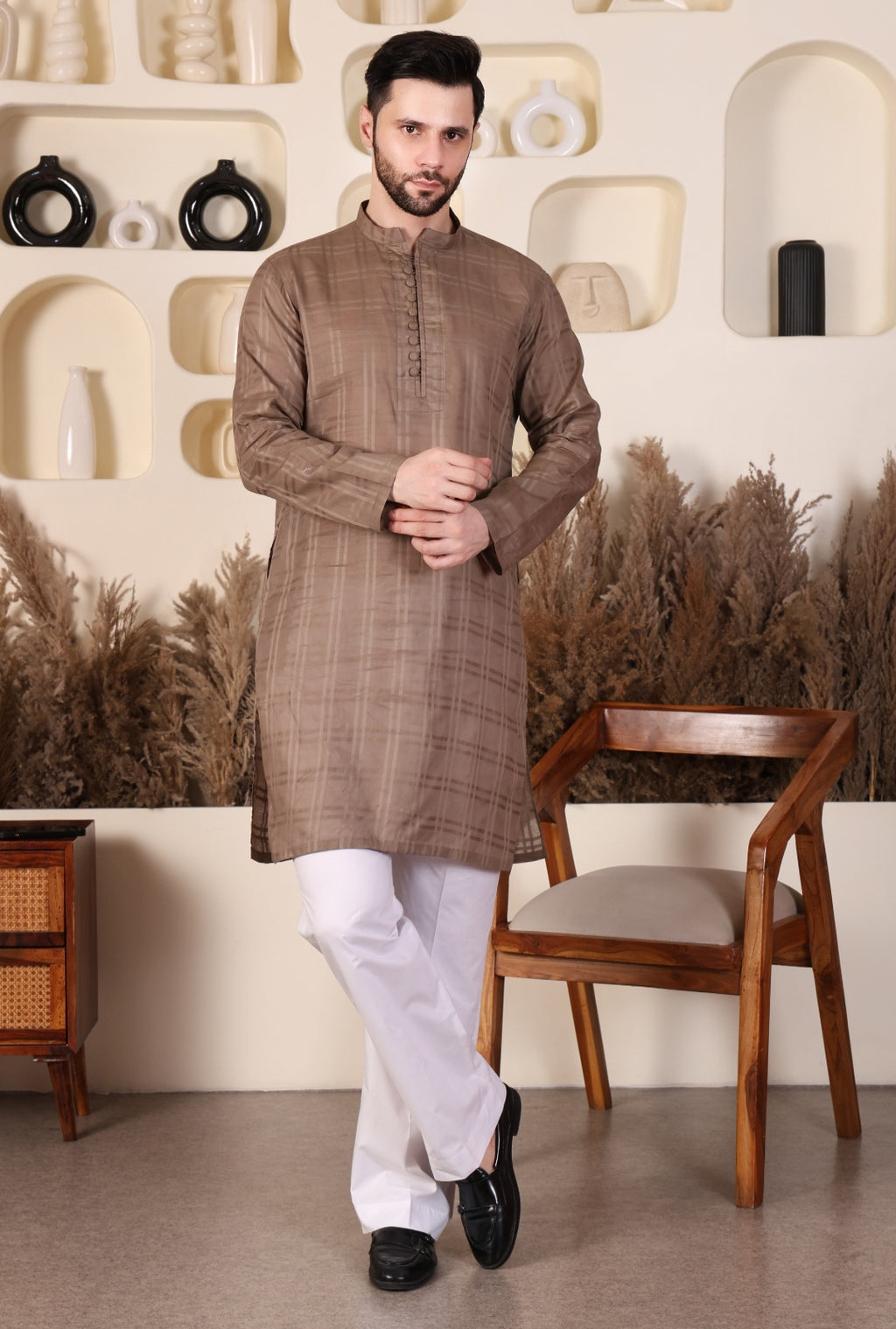 LAWN SHORT KURTA SET - LIGHT BROWN