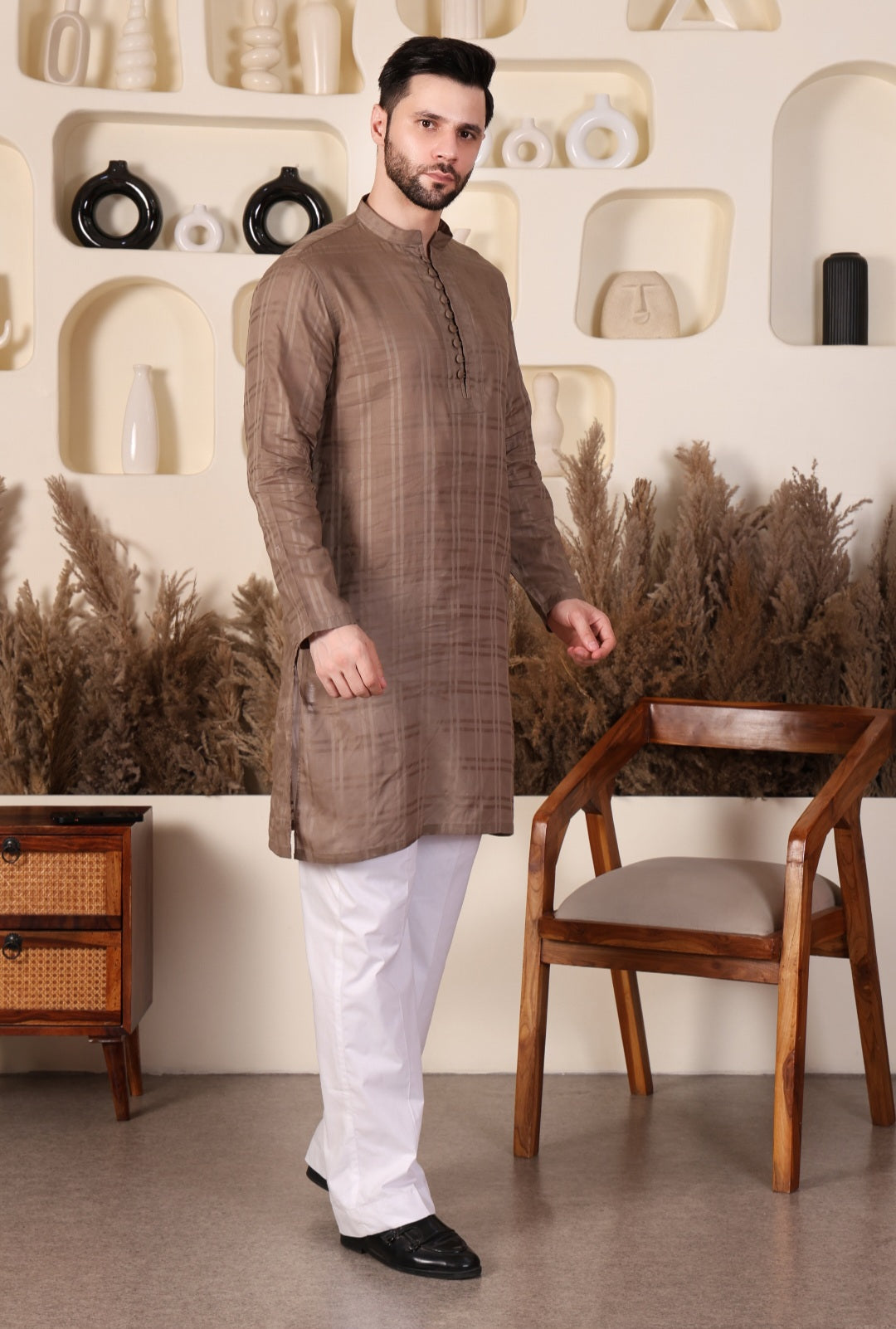 LAWN SHORT KURTA SET - LIGHT BROWN