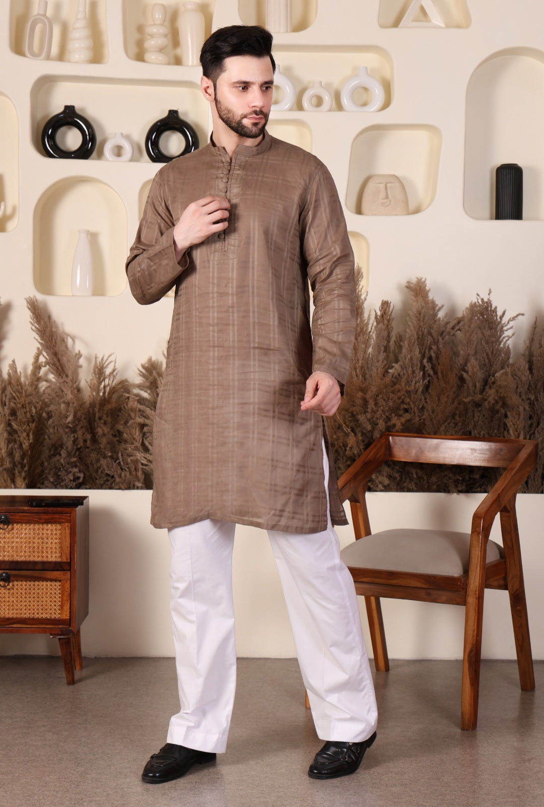 LAWN SHORT KURTA SET - LIGHT BROWN