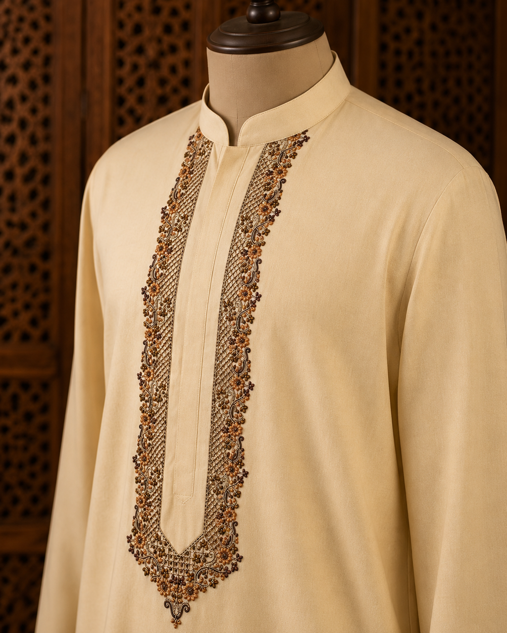 UNSTITCHED - Pure Cotton Warm Vanilla Cream Kashmiri Embroidered Unstitched Kurta Pajama & Pathani Suit Fabric (FKH-CTKU06)