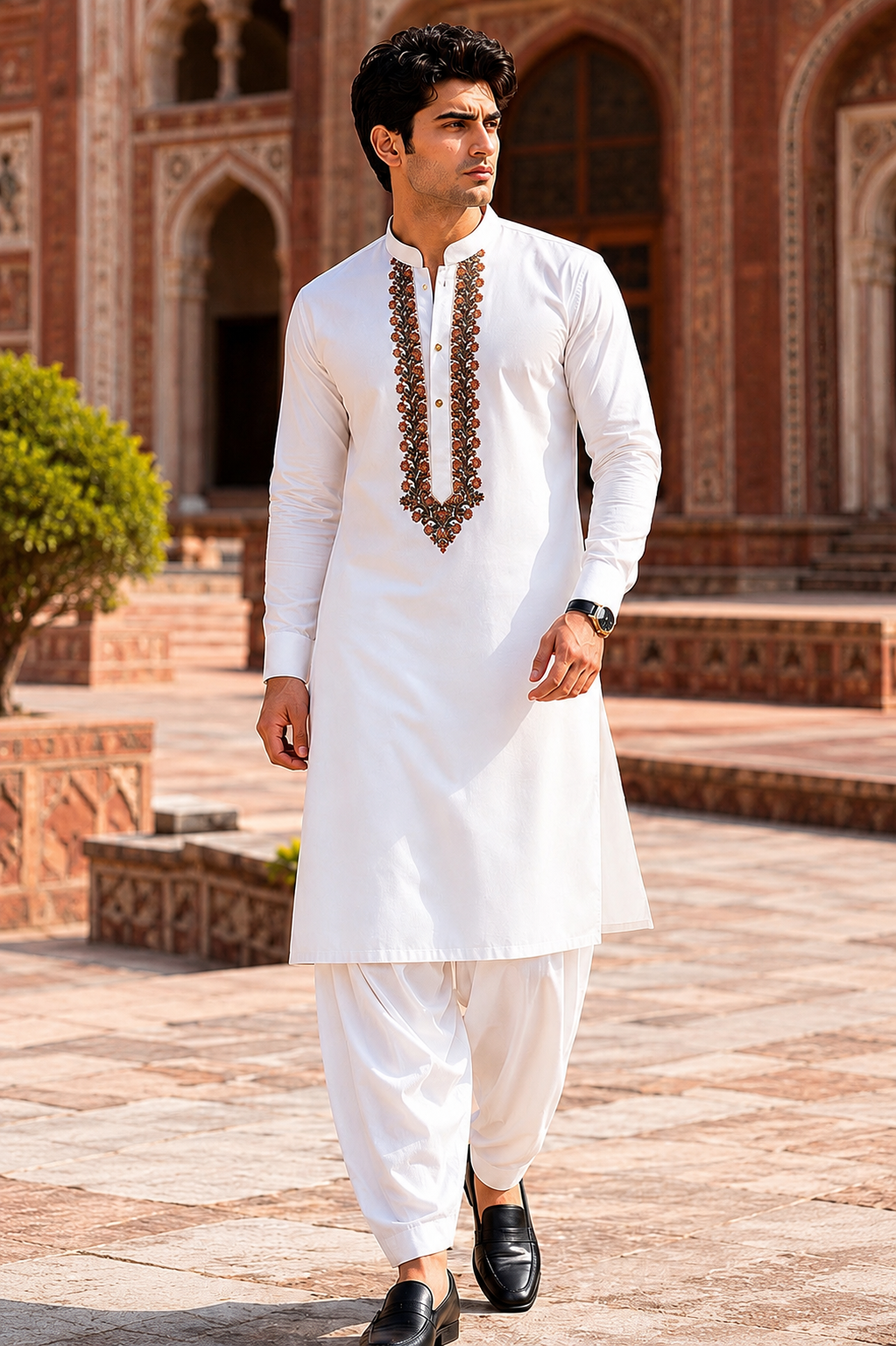 STITCHED - White Pure Cotton Kashmiri Embroidered Kurta Shalwar with Rust Orange & Black Embroidery (FKH-CTK09)