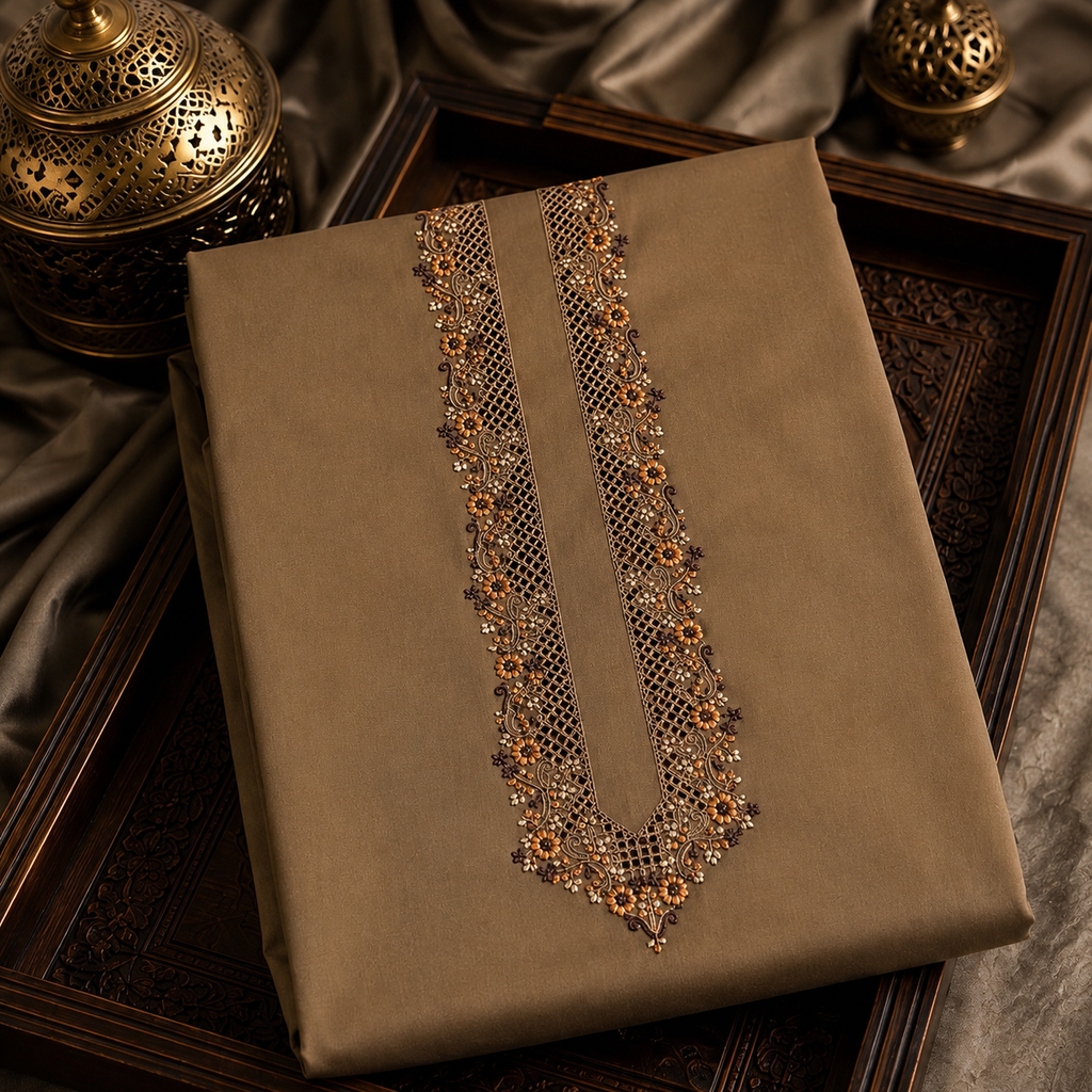 UNSTITCHED - Pure Cotton Coffee Brown Kashmiri Embroidered Unstitched Kurta Pajama & Pathani Suit Fabric (FKH-CTKU09)